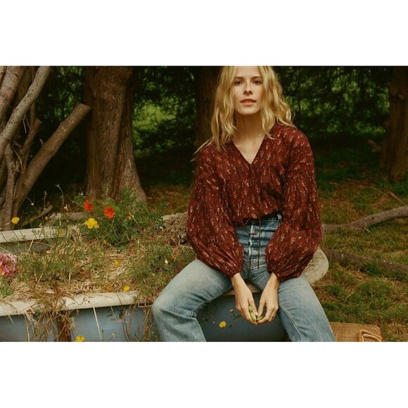 Doen Collection Petunia Happy Flower Block Print Blouse Top Peasant S New 275541 - Picture 4 of 10